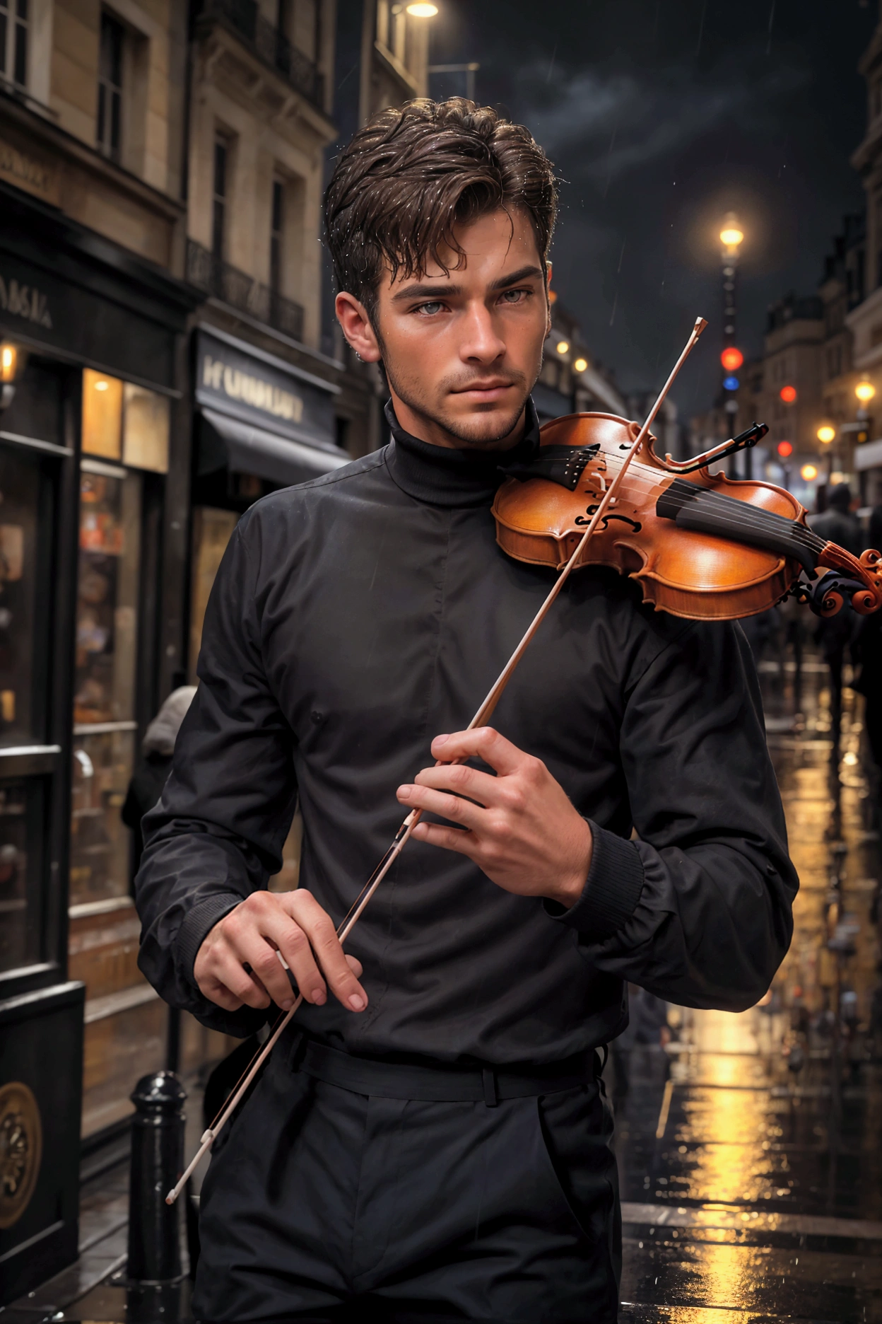 Top Quality, Masterpiece, Ultra High Resolution, close-up photo of a handsome man on the street, playing violin on the night with pour rain, intricate detailes, has short, messy dark brown hair, amber-colored eyes, typical clothing like a street busker in Paris, France; wear black turtleneck shirt.
