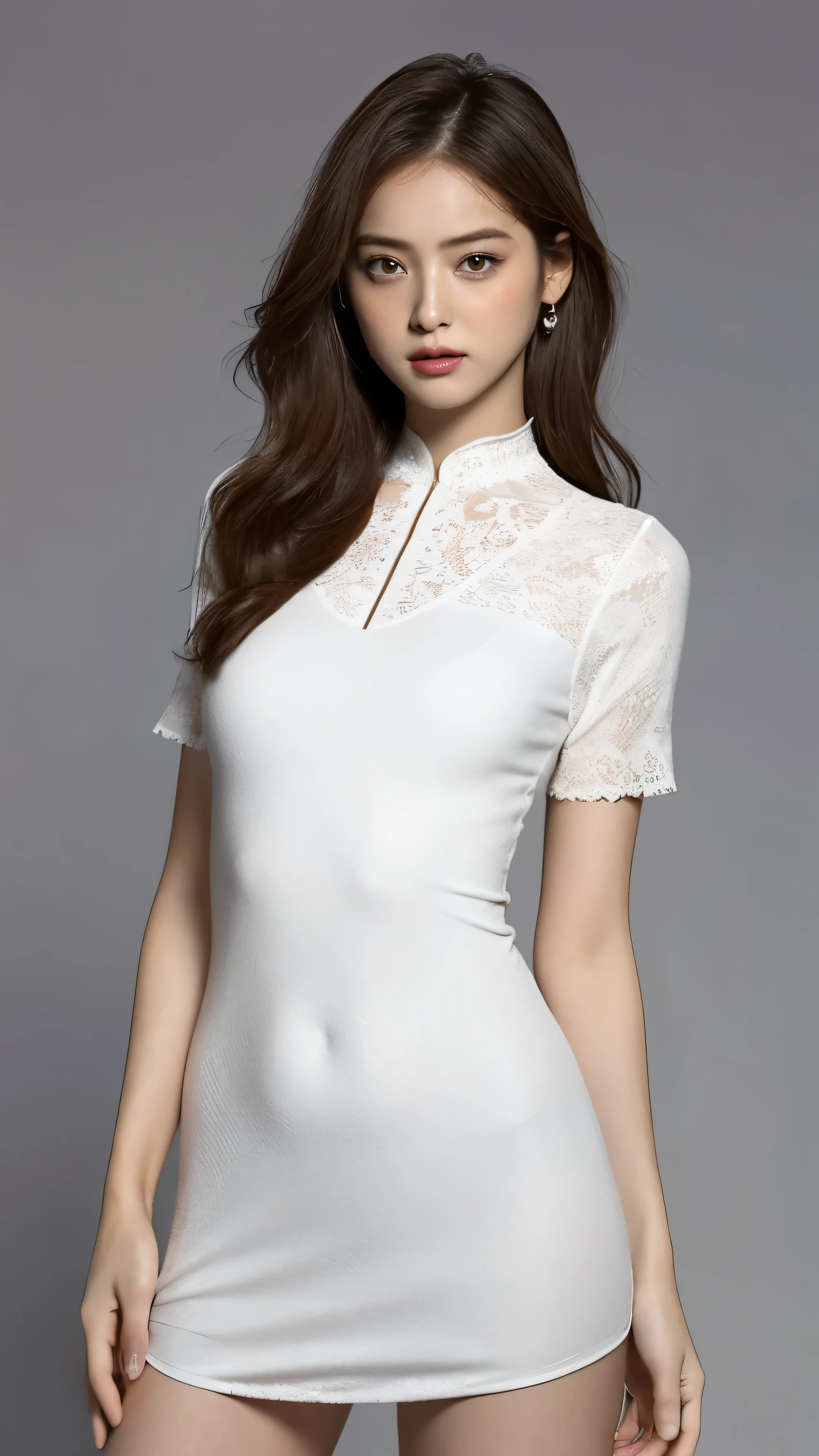 Highest quality,masterpiece,Ultra-high resolution,(Actual:1.4),Original photo,Ultra-high resolution，8K，There are also women，Fair skin、Transparent short-sleeved one-piece white dress
Long legs:1.5，Bright and beautiful，high waist，Flashy makeup，Gray background，