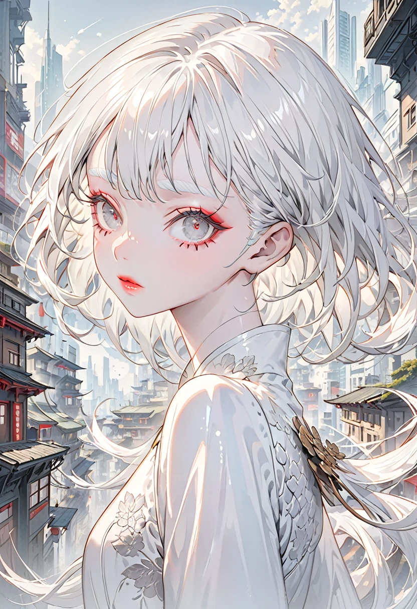 The background is a futuristic city,(Highest quality,Very detailed,High resolution:1.2),Slim albino girl,Very short white hair,gray bangs,very_long white eyelashes, White eyebrows, White skin,Detailed lips, Cool look, Soft Skin, Shiny Hair,Exquisite makeup,Portrait
