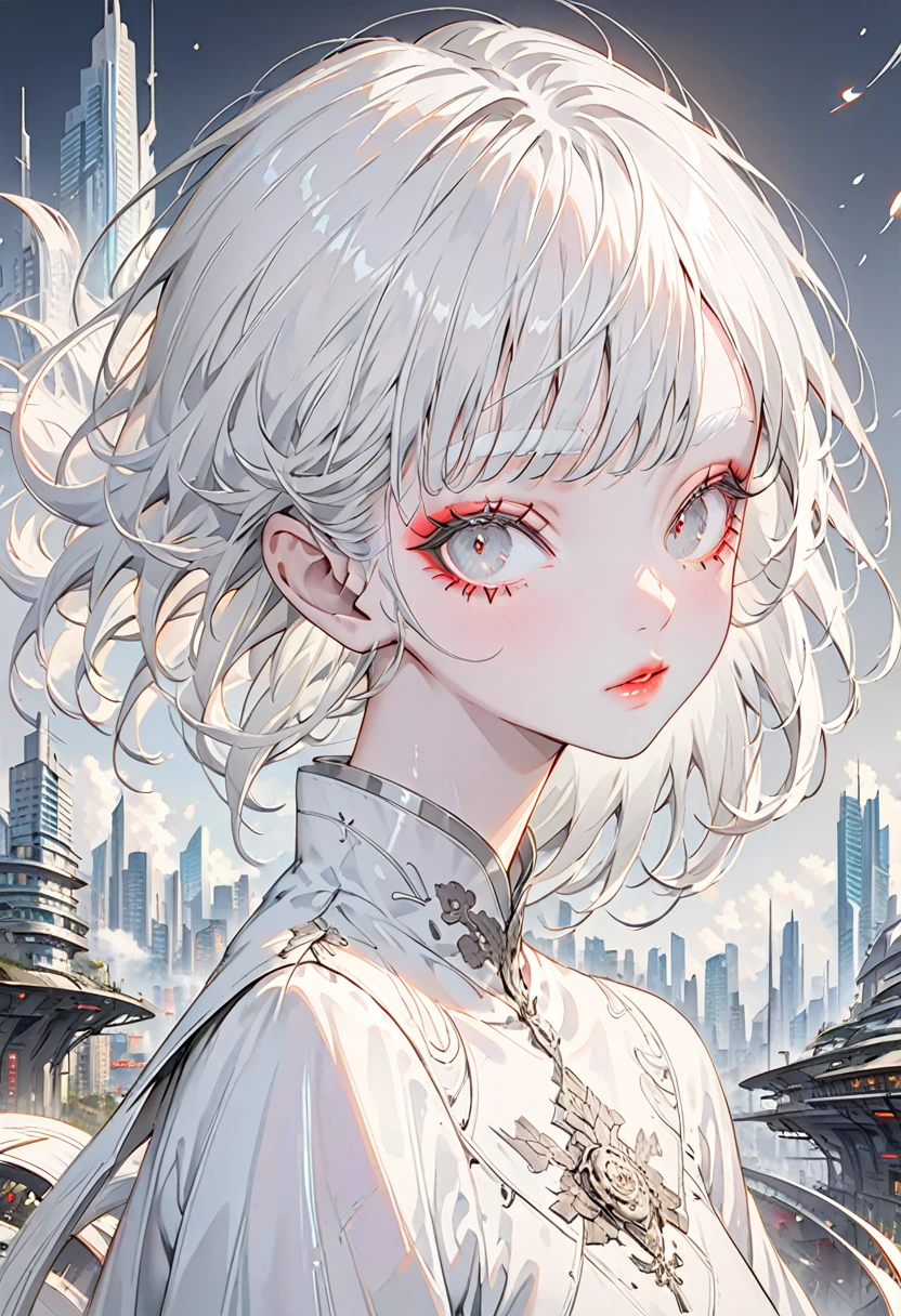 The background is a futuristic city,(Highest quality,Very detailed,High resolution:1.2),Slim albino girl,Very short white hair,gray bangs,very_long white eyelashes, White eyebrows, White skin,Detailed lips, Cool look, Soft Skin, Shiny Hair,Exquisite makeup,Portrait
