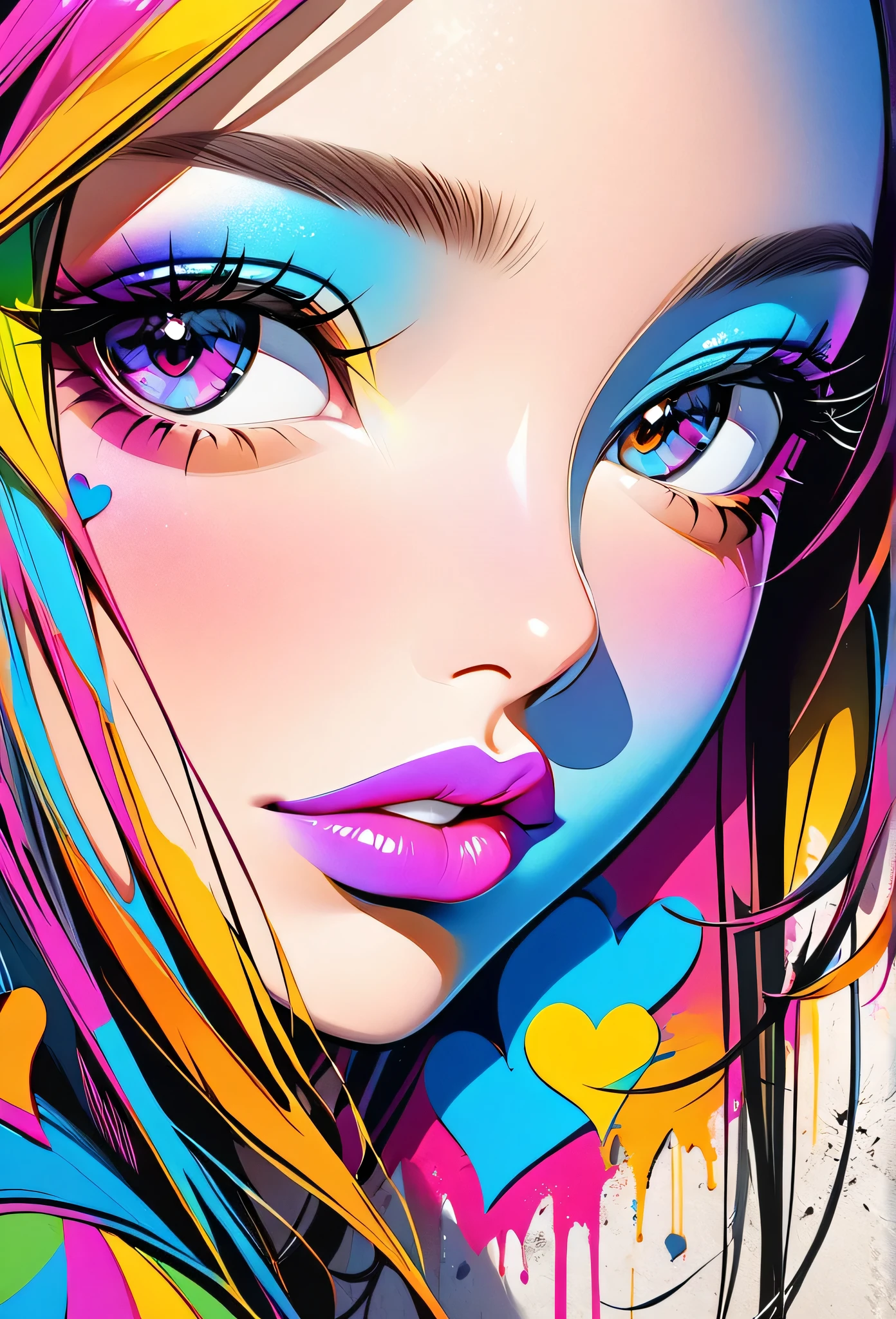 Ultra-realism Micho colorful style, Simple Line Initialism，Abstract art，(((The most beautiful girl of all time))), Sweet face. Lips in love, colorful hearts, stylish design, Summer beach fashion, Dark Eyes, Graffiti on the wall