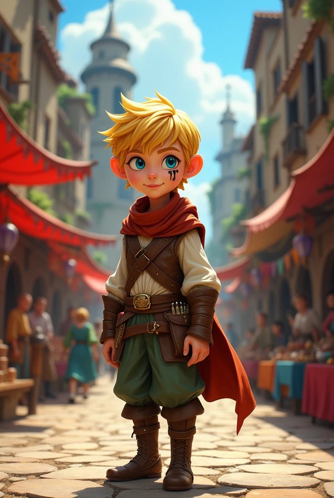 Medieval fantasy style animated, a young blond vagabond with blue eyes with a black mark under his right eye