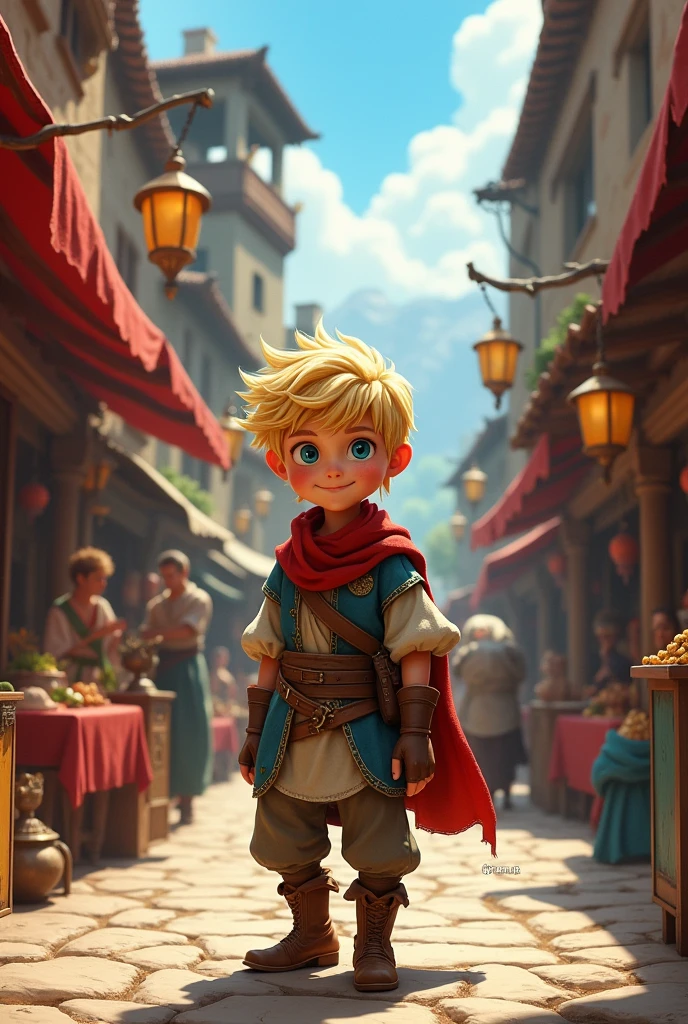Medieval fantasy style animated, a young blond vagabond with blue eyes with a black mark under his right eye