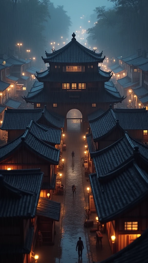 arafed view of a village with a lot of lights on the buildings, dreamy chinese town, chinese village, amazing wallpaper, japanese town, japanese village, hyper realistic photo of a town, old asian village, japanese city, by Raymond Han, rainy evening, cyberpunk chinese ancient castle, beautifully lit buildings, at evening during rain, beautiful and aesthetic, photography, cinematic, 8k, high detailed ((Heavy rain)))