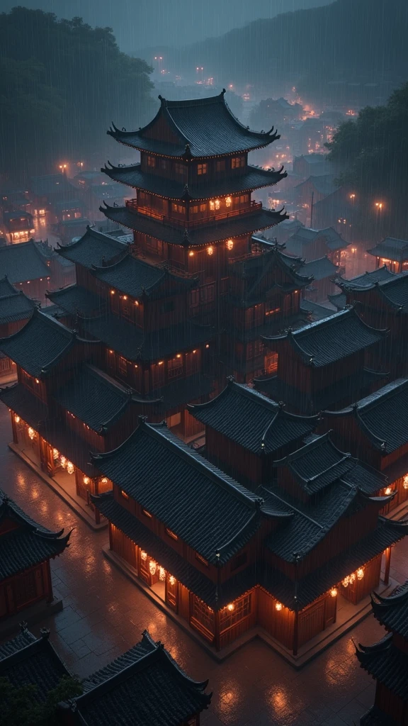 arafed view of a village with a lot of lights on the buildings, dreamy chinese town, chinese village, amazing wallpaper, japanese town, japanese village, hyper realistic photo of a town, old asian village, japanese city, by Raymond Han, rainy evening, cyberpunk chinese ancient castle, beautifully lit buildings, at evening during rain, beautiful and aesthetic, photography, cinematic, 8k, high detailed ((Heavy rain)))