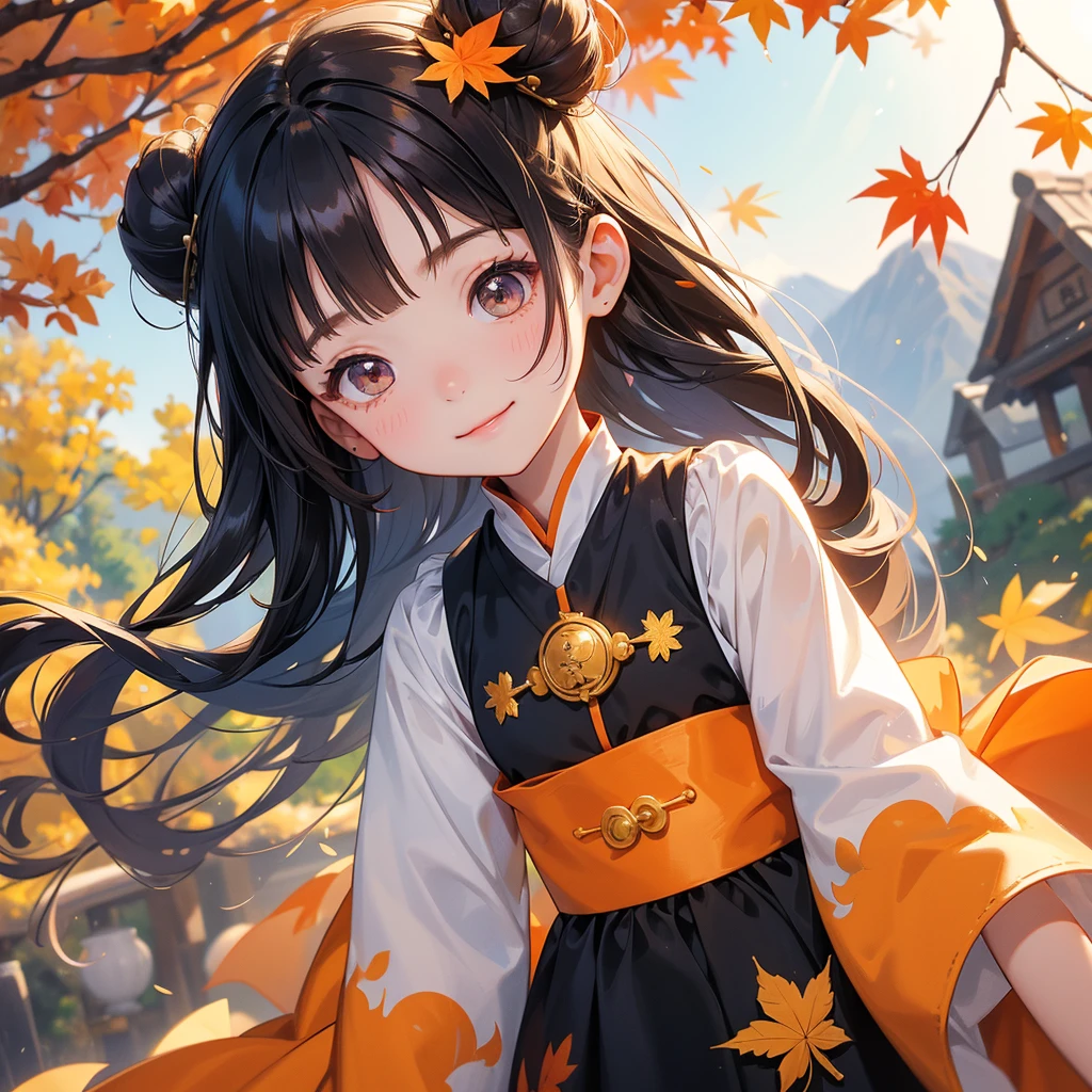 A chibi girl had a small face and Wearing a white little Taoist priest's outfit. A pair of big round eyes shone with curiosity about him. This childso cute!, Burning joss paper and gold paper for the departed spirits, her hair is black with two buns on her hair.small chibi, chibi baby, smiling.
The little chibi baby looked up with his chest raised, and his face was old and proud.
The backdrop is a mountain that turns orange-red in spring, and maple leaves fall from the trees.