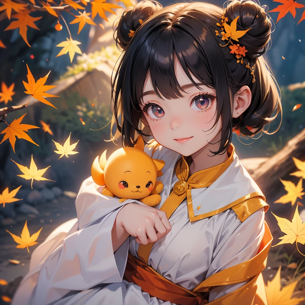 A chibi girl had a small face and Wearing a white little Taoist priest's outfit. A pair of big round eyes shone with curiosity about him. This childso cute!, Burning joss paper and gold paper for the departed spirits, her hair is black with two buns on her hair.small chibi, chibi baby, smil
The little chibi boked up with chest raised, and his face was old and proud.
The backdrop is a mountain that turns orange-red in spring, and maple leaves fall from the trees.