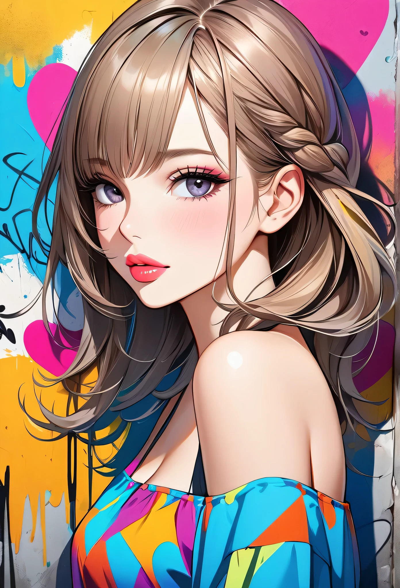 Ultra-realism Micho colorful style, Simple Line Initialism，Abstract art，(((The most beautiful girl of all time))), Sweet face. Lips in love, colorful hearts, stylish design, Summer beach fashion, Dark Eyes, Graffiti on the wall