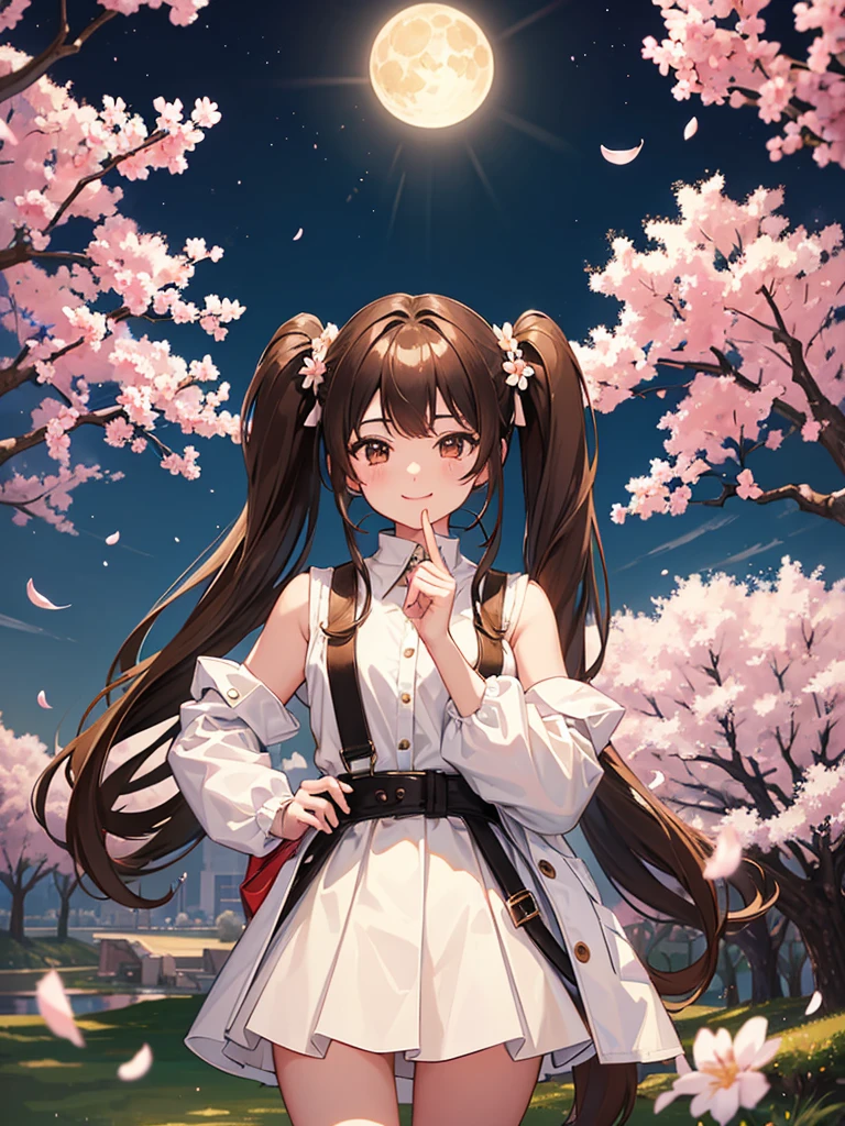 (16K,Ultra-high resolution,Highest quality,masterpiece,Super detailed,Perfect lighting),A nostalgic future,Superpowered girl,Brown Hair,Shoulder-length twin tails,Straight hair that reaches to the waist,White shirt,Beige mini skirt,Black coat,Cherry blossom trees,spring evening,full moon,Brown short boots,Smiling at the audience,