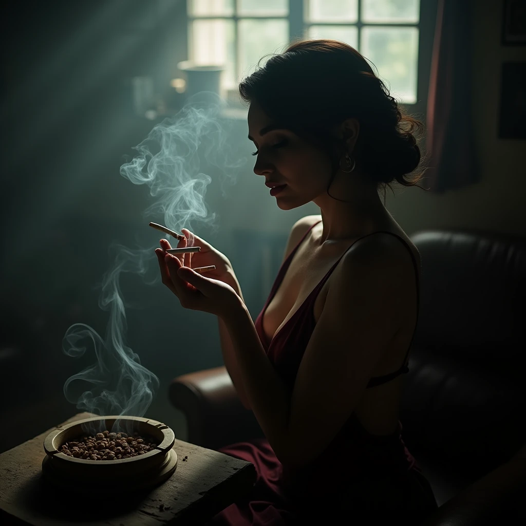 "Create a realistic image of an exquisite woman with perfectly symmetrical features, holding several lit cigarettes with one hand, her other hand resting on an ashtray overflowing with cigarette butts. She is surrounded by thick, swirling smoke that clings to her, and her face shows a blissful, almost euphoric expression. The background includes a dimly lit, cluttered room filled with smoke, old furniture, and a sense of heavy air."