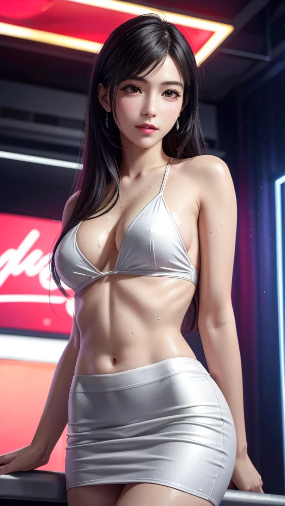 (Masterpiece, BestQuality:1.3), (ultra detailed 8k cg:1.2), (hyperrealistic:1.35), (Photorealistic:1.45), (realistic:1.4), COWBOY SHOT, 
{{{FF7,Tifa_lockhart,solo}}}, 18 years old, supermodel, Japanese Idol, __expression__, Large Breasts, {{{she is wearing a mini pencil skirt,  gorgeous and see-through}}},
(location: on the stage, pole dance ,strip bar background),{{A dancer in the strip club, lighting, neon, erotic background, pole}}, erotic pose:1.3, {{{sweat on body, scattering sweat}}}, wet body:1.3, {{{erotic eyes, erotic mouth, erotic face}}},showing full body