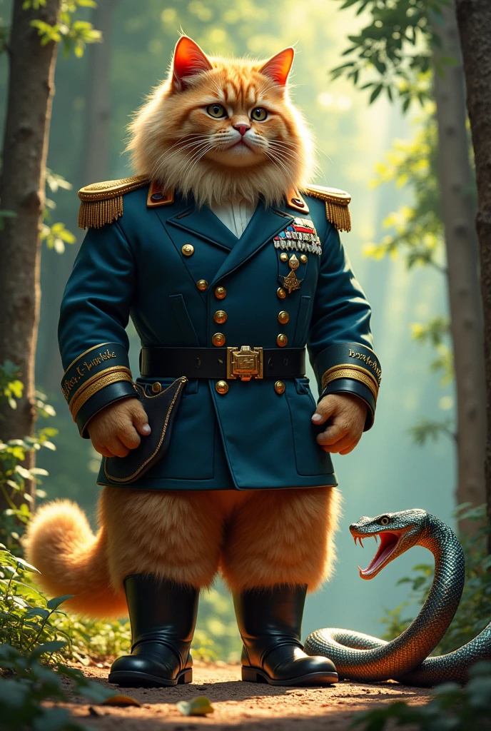 big giant cat in uniform. He has a belt around his waist, beautiful boots on your feet. At that moment, a large, giant, shiny snake emerged from it.. The cat killed the snake.