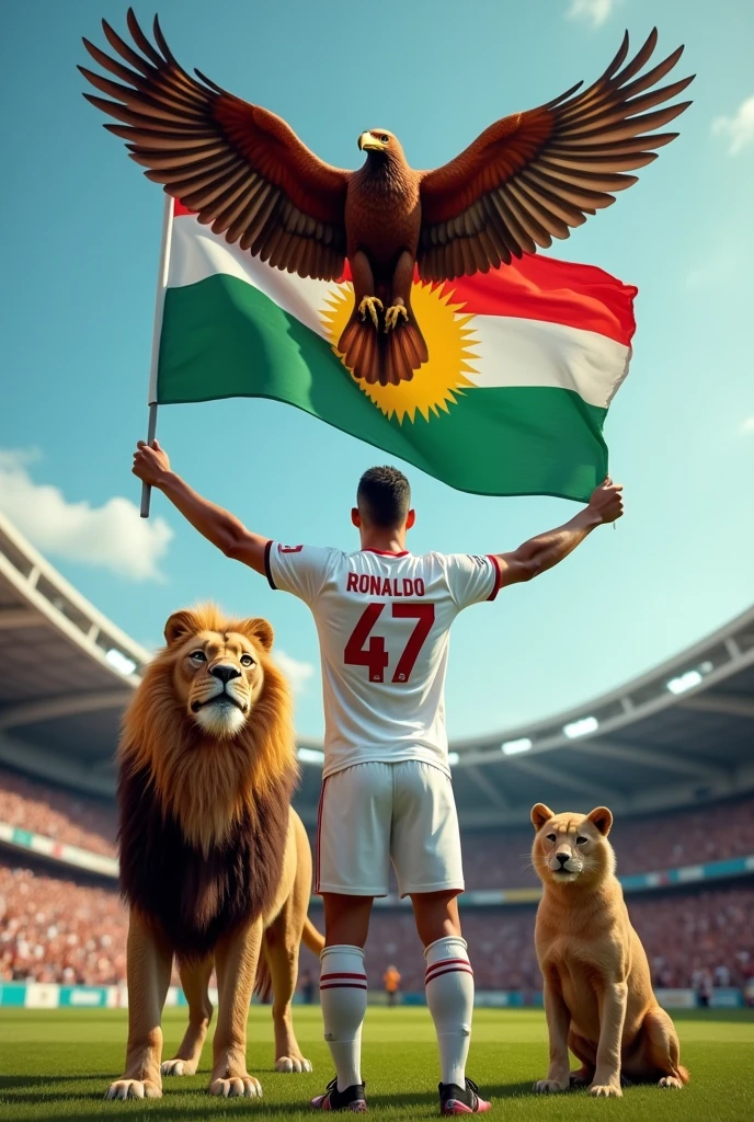 draw a picture that includes footballer Cristiano Ronaldo with a lion and an eagle with colour of red, yellow and green. Kurdistan Federal Govermant's flag will be on hands of Ronaldo. Ronaldo's number will be 47. 