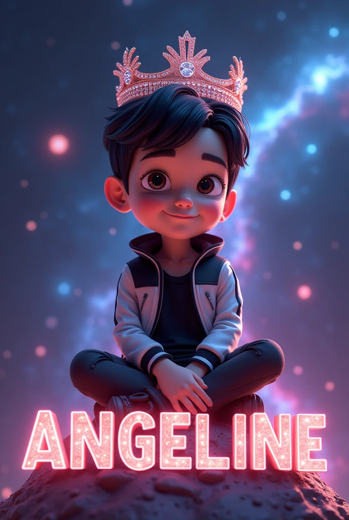 3D Animated of handsome boy seating in text "ANGELINE" with Crown . Wearing black and white jacket . the background is outer space