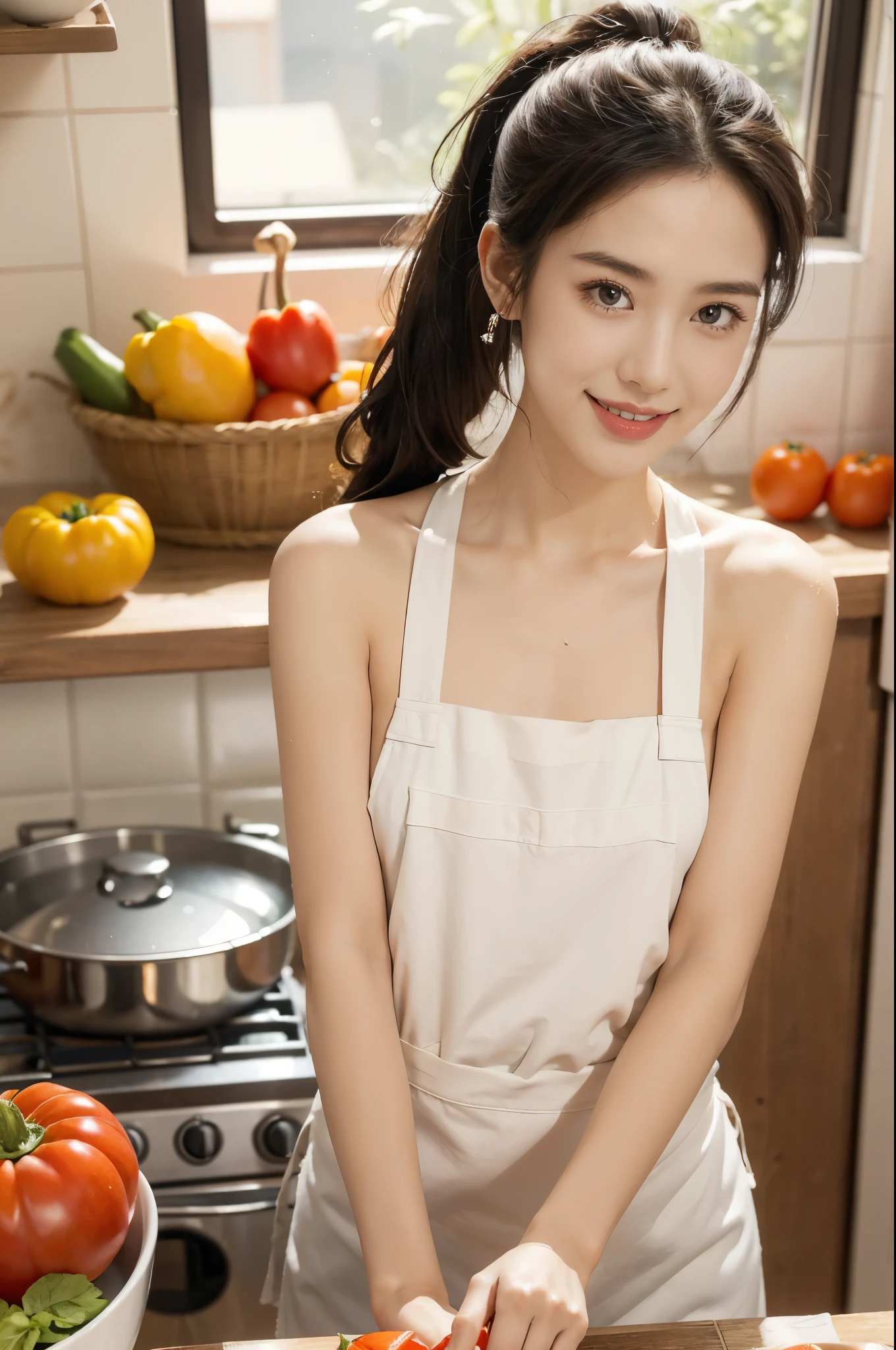 (((best quality))), (((ultra detailed))), (((masterpiece))), illustration,((a beautiful girl,solo)),(short ponytail:1.2),(flushed face:1.3),((sweat,wet)),((slim,thin)),((small breasts,flat chest)),(kitchen apron:1.3),(standing:1.3),(slender legs:1.2),(smile:1.3), sun-kissed cheeks, sparkling eyes, casual outfit, playful patterns, light-colored, narrow strap,delicate necklace,summer,(in kitchen:1.3), cozy, inviting aroma, freshly chopped vegetables, simmering spices, sunlight, colorful tiles, lively atmosphere, counter, assortment of ingredients, fresh herbs, colorful fruits, variety of seasonings, wooden cutting board, juicy tomatoes, vibrant bell peppers, sleek refrigerator, stainless steel, variety of ingredients, small table, colorful tablecloth, mismatched chairs, joyful expression, carefree atmosphere, Simple pleasures, culinary masterpiece, summer sun,((from front,upper body))