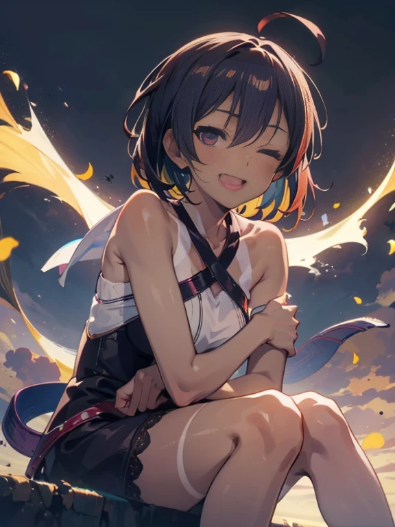 score_9, score_8_up, score_7_up, score_6_up, score_9, score_8_up, score_8, source_anime, rating,aesthetic,2020s\(style\), cinematic lighting, soft light, soft shadow, ,lemon yakishio, short hair, black hair, hair between eyes, ahoge, lemon hair ornament, purple eyes, dark skin, tanline, smiling, opened mouth, criss-cross halter, hands between legs, wind, one eye closed,