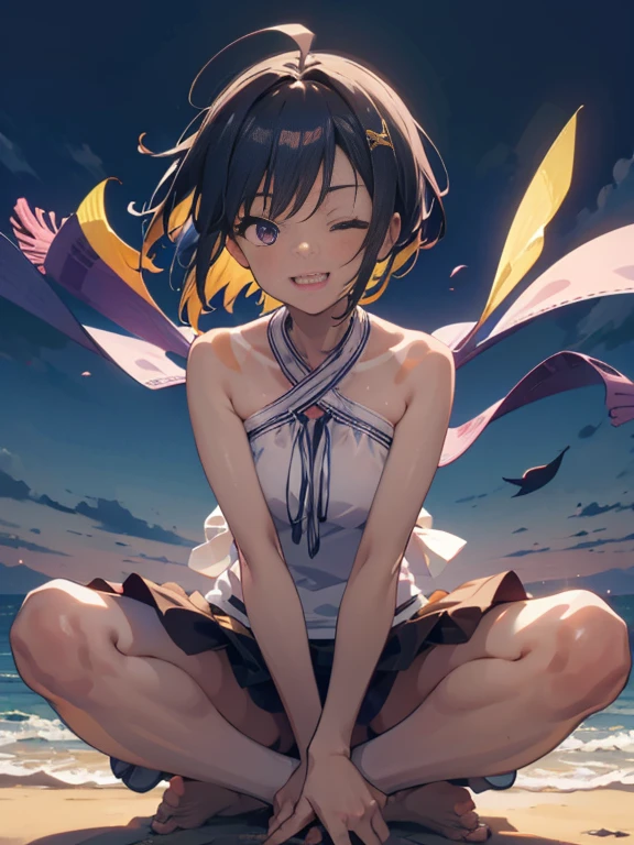 score_9, score_8_up, score_7_up, score_6_up, score_9, score_8_up, score_8, source_anime, rating,aesthetic,2020s\(style\), cinematic lighting, soft light, soft shadow, ,lemon yakishio, short hair, black hair, hair between eyes, ahoge, lemon hair ornament, purple eyes, dark skin, tanline, smiling, opened mouth, criss-cross halter, hands between legs, wind, one eye closed,