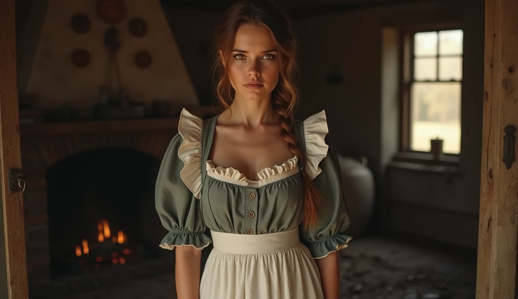 Beautiful 18 year old girl, maid outfit, is seducing the viewer with her sensual body, embarrassed, ass, showing her cute vagina, very sweaty skin. Inside a farm in the 19th century