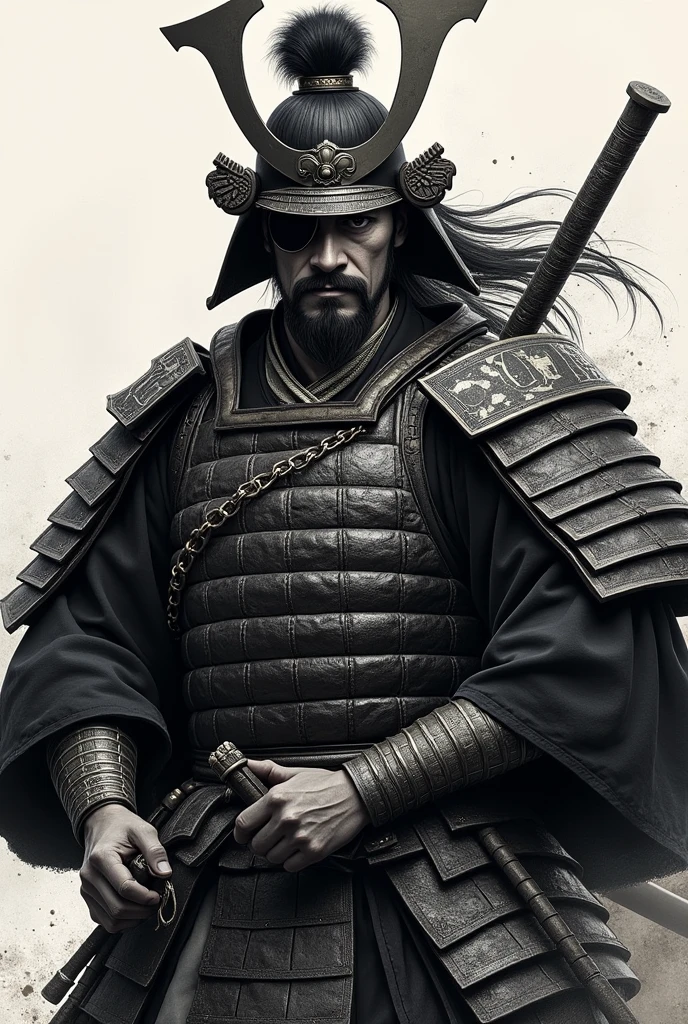 Japanese Sengoku warlord Date Masamune - wearing an eyepatch on his left eye、長いblack髪の武士 ・豪華なMoneyの装飾が施された甲冑 ・二刀流の刀を構えている ・背景に日本風の筆で描かれた模様 ・風になびくマントや髪 ・力強く、Hall々A strong posture and a powerful presence々Cool look and style: Powerful and majestic Japanese art - Color: black、Money、High contrast with white as the base color and detailed depiction、Realistic texture