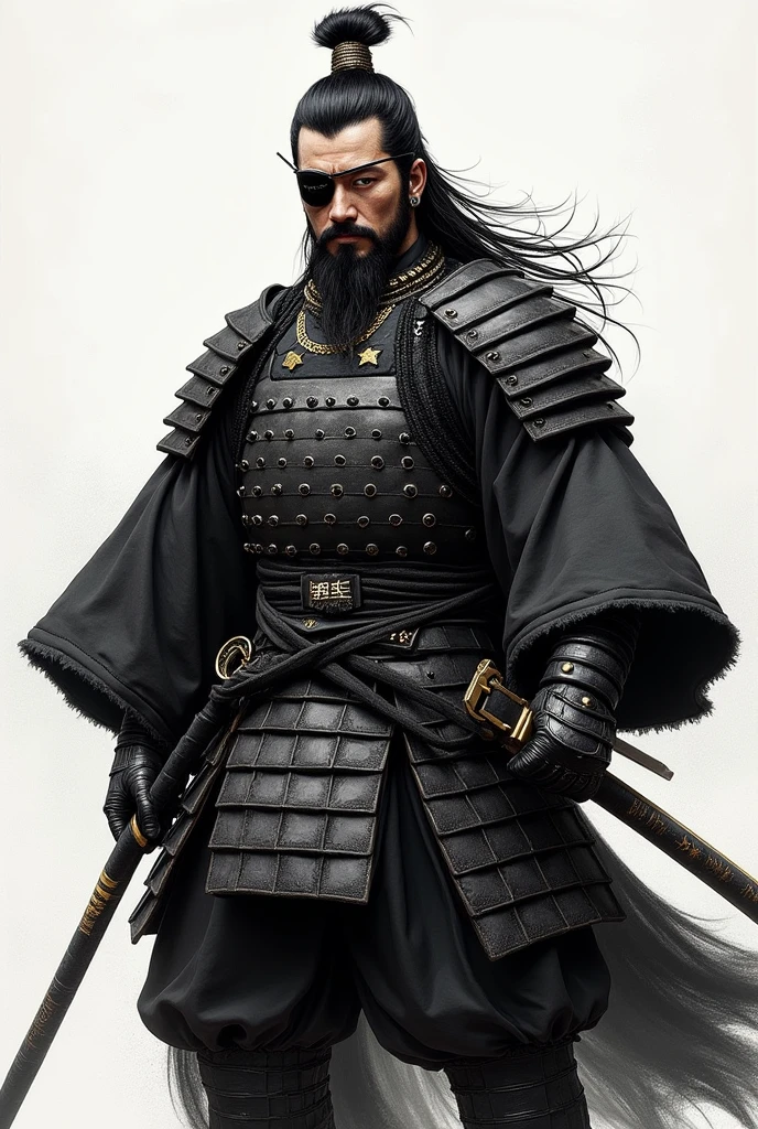 Japanese Sengoku warlord Date Masamune - wearing an eyepatch on his left eye、長いblack髪の武士 ・豪華なMoneyの装飾が施された甲冑 ・二刀流の刀を構えている ・背景に日本風の筆で描かれた模様 ・風になびくマントや髪 ・力強く、Hall々A strong posture and a powerful presence々Cool look and style: Powerful and majestic Japanese art - Color: black、Money、High contrast with white as the base color and detailed depiction、Realistic texture