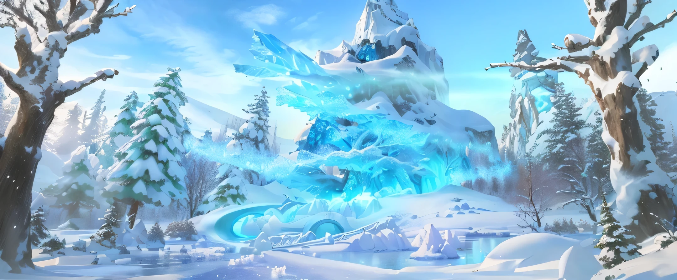snowy scene with a frozen tree and a fountain in the middle, icey tundra background, winter concept art, frostbite 3 rendered, winter scene fantasy, crystalline skin, disney splash art, swirling scene, odin's stone arena background, surreal frozen landscape, crystal forest, concept art magical highlight, stunning arcanum backdrop, magical background, magical battlefield backround