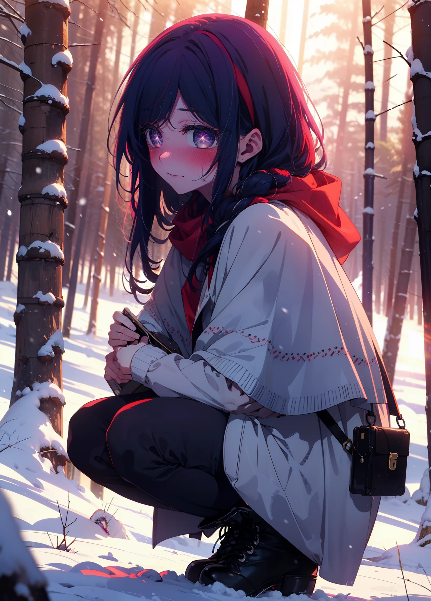 aihoshino, Ai Hoshino, Long Hair, bangs, (Purple eyes:1.1), Purple Hair, (Symbol-shaped pupil:1.5), smile,,smile,blush,white breath,
Open your mouth,snow,Ground bonfire, Outdoor, boots, snowing, From the side, wood, suitcase, Cape, Blurred, , forest, White handbag, nature, Squat, Mouth closed, Cape, winter, Written boundary depth, Black shoes, red Cape break looking at viewer, Upper Body, whole body, break Outdoor, forest, nature, break (masterpiece:1.2), Highest quality, High resolution, unity 8k wallpaper, (shape:0.8), (Beautiful and beautiful eyes:1.6), Highly detailed face, Perfect lighting, Highly detailed CG, (Perfect hands, Perfect Anatomy),
