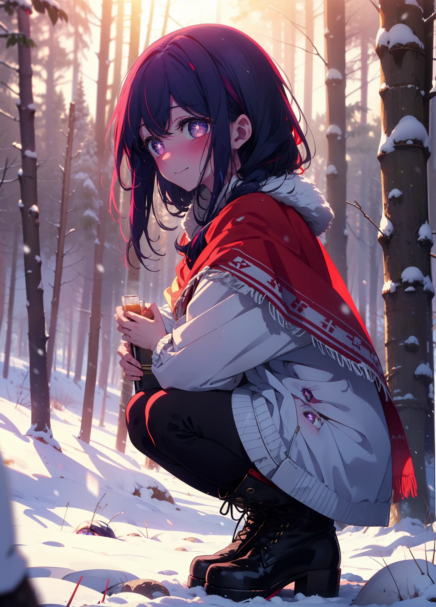 aihoshino, Ai Hoshino, Long Hair, bangs, (Purple eyes:1.1), Purple Hair, (Symbol-shaped pupil:1.5), smile,,smile,blush,white breath,
Open your mouth,snow,Ground bonfire, Outdoor, boots, snowing, From the side, wood, suitcase, Cape, Blurred, , forest, White handbag, nature, Squat, Mouth closed, Cape, winter, Written boundary depth, Black shoes, red Cape break looking at viewer, Upper Body, whole body, break Outdoor, forest, nature, break (masterpiece:1.2), Highest quality, High resolution, unity 8k wallpaper, (shape:0.8), (Beautiful and beautiful eyes:1.6), Highly detailed face, Perfect lighting, Highly detailed CG, (Perfect hands, Perfect Anatomy),