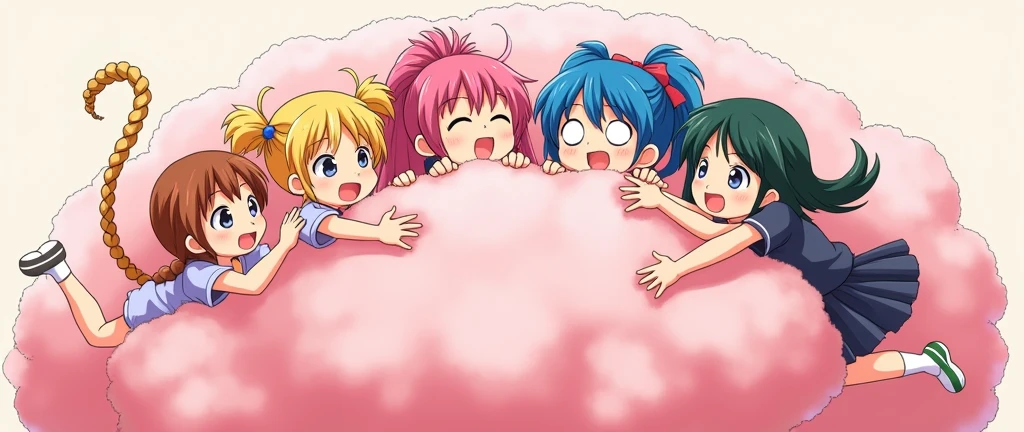 An anime-style illustration depicting four girls and adult woman playfully wrestling with each other inside a pink comical fight cloud (cotton cloud).
each girl has different  colored hair: one with blonde braided,another  with pink ponytaile,another with blue bobcuts,another with green twin tailes and one adult woman with black long hiar.
their faces,hands,and feet are visible emerging from the cloud as they tussle humorously,  with the rest of their bodies completely hidden inside the cloud.
the illustration emphasizes the humorous and energetic nature of their scuffle,with a fluffy  andexaggerated fight cloud.