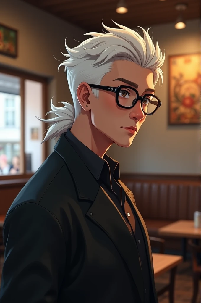 2d photo, white hair, two block mullet hairstyle, male, glasses, quiet