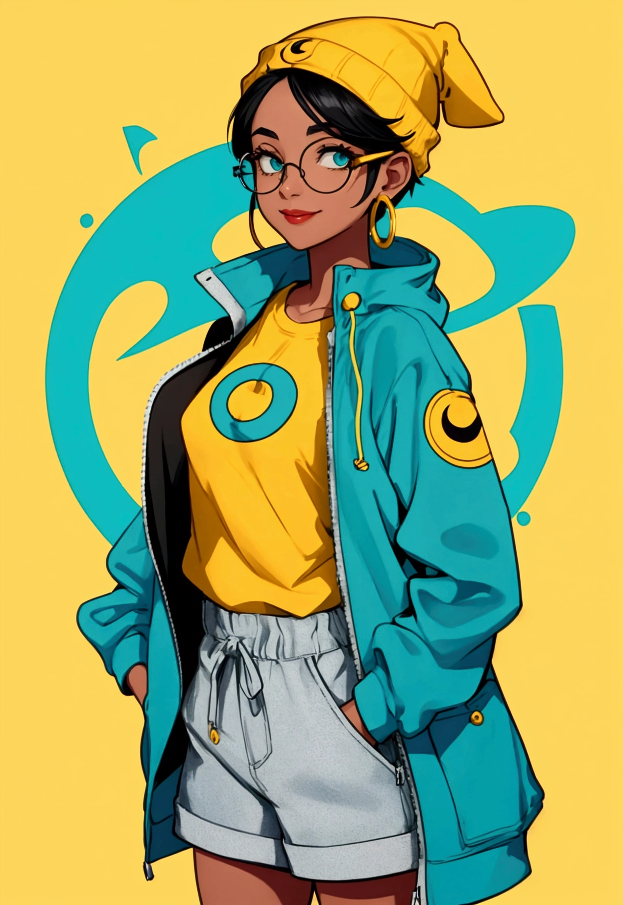 Here is the prompt based on the image you provided:
"A round stamp design featuring a cartoon-style character with light skin and wearing a yellow beanie. The character has round glasses with teal lenses and a small smile. The character has short black hair and wears a crescent moon earring in the left ear. The character is dressed in a teal jacket over a yellow shirt. The background is a solid bright orange circle. To the left of the character, there is a unique blue symbol or signature with stylized text."
This prompt can be used to generate a similar image.