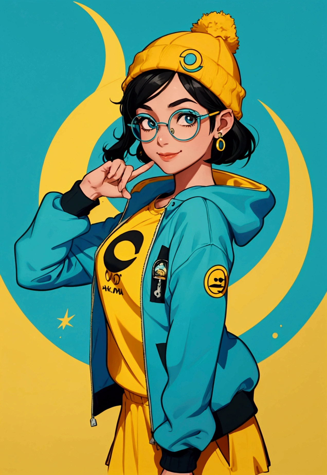 Here is the prompt based on the image you provided:

"A round stamp design featuring a cartoon-style character with light skin and wearing a yellow beanie. The character has round glasses with teal lenses and a small smile. The character has short black hair and wears a crescent moon earring in the left ear. The character is dressed in a teal jacket over a yellow shirt. The background is a solid bright orange circle. To the left of the character, there is a unique blue symbol or signature with stylized text."

This prompt can be used to generate a similar image.