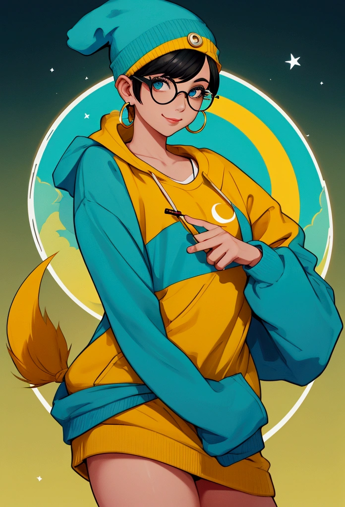Here is the prompt based on the image you provided:
"A round stamp design featuring a cartoon-style character with light skin and wearing a yellow beanie. The character has round glasses with teal lenses and a small smile. The character has short black hair and wears a crescent moon earring in the left ear. The character is dressed in a teal jacket over a yellow shirt. The background is a solid bright orange circle. To the left of the character, there is a unique blue symbol or signature with stylized text."
This prompt can be used to generate a similar image.