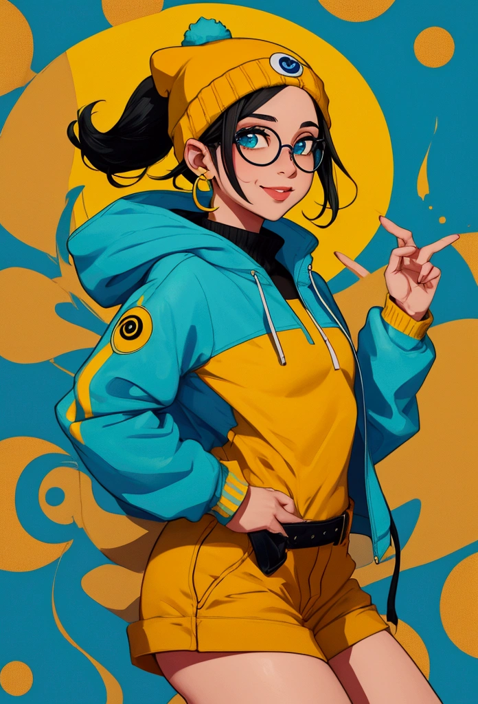 Here is the prompt based on the image you provided:

"A round stamp design featuring a cartoon-style character with light skin and wearing a yellow beanie. The character has round glasses with teal lenses and a small smile. The character has short black hair and wears a crescent moon earring in the left ear. The character is dressed in a teal jacket over a yellow shirt. The background is a solid bright orange circle. To the left of the character, there is a unique blue symbol or signature with stylized text."

This prompt can be used to generate a similar image.