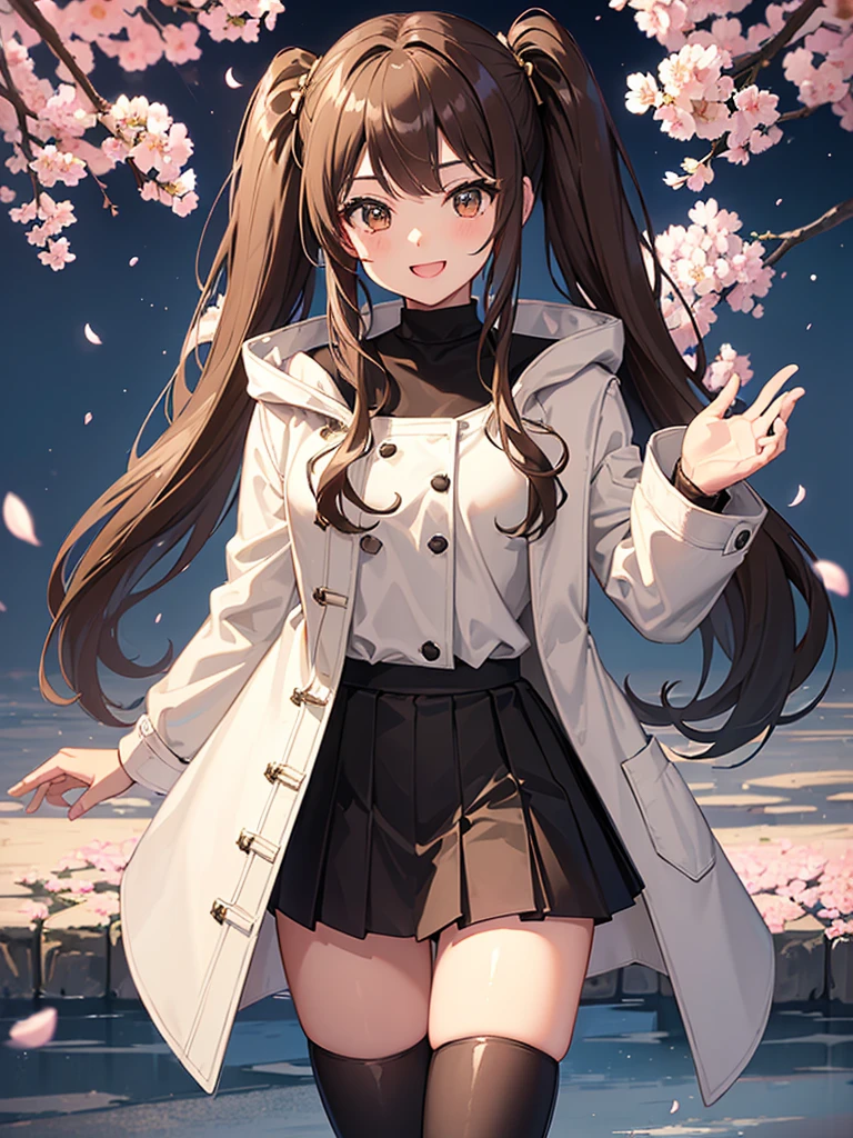 (16K,Ultra-high resolution,Highest quality,masterpiece,Super detailed,Perfect lighting),A nostalgic future,Superpowered girl,Brown Hair,Shoulder-length twin tails,Straight hair that reaches to the waist,White shirt,Beige mini skirt,((Black coat:1.3)),Cherry blossom trees,spring evening,full moon,Brown short boots,Smiling at the audience,