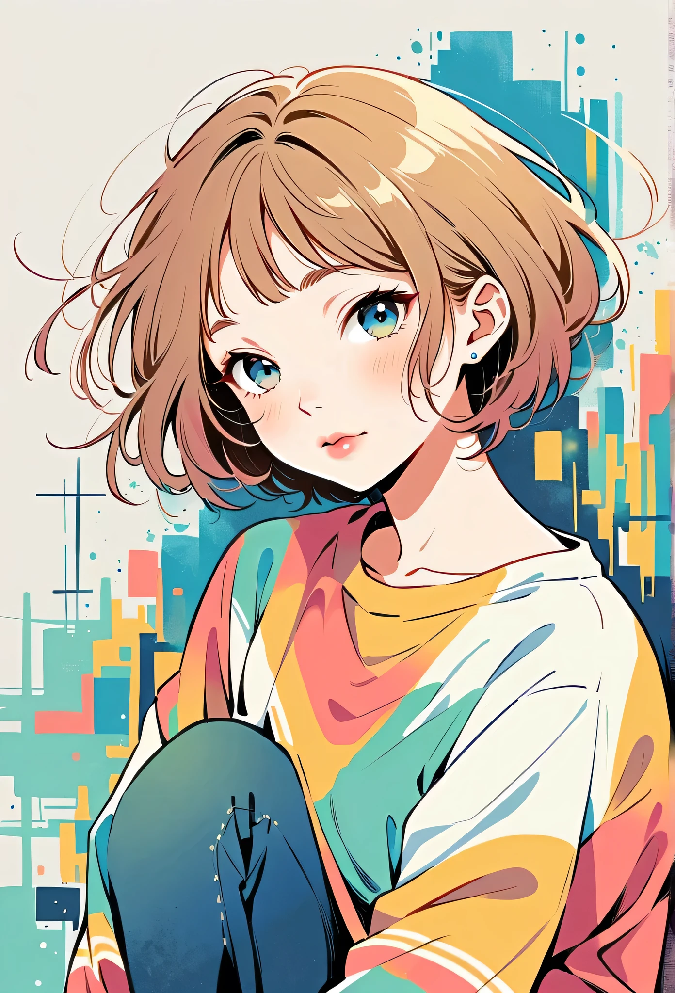 Watase Seizo style, Standing in front of a high wall,Simple Line Initialism,Abstract art,Urban Background, (((The most beautiful girl))), Lips in Love, sitting
