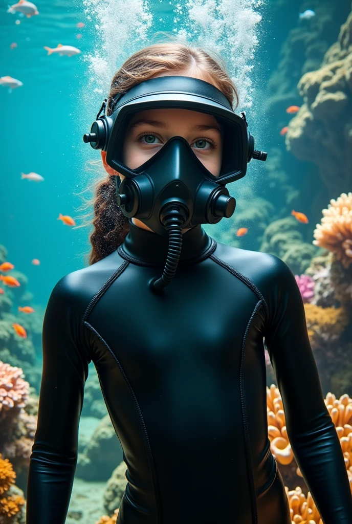 A girl in a tight-fitting rubber suit is wearing an oxygen mask with a hose attached.