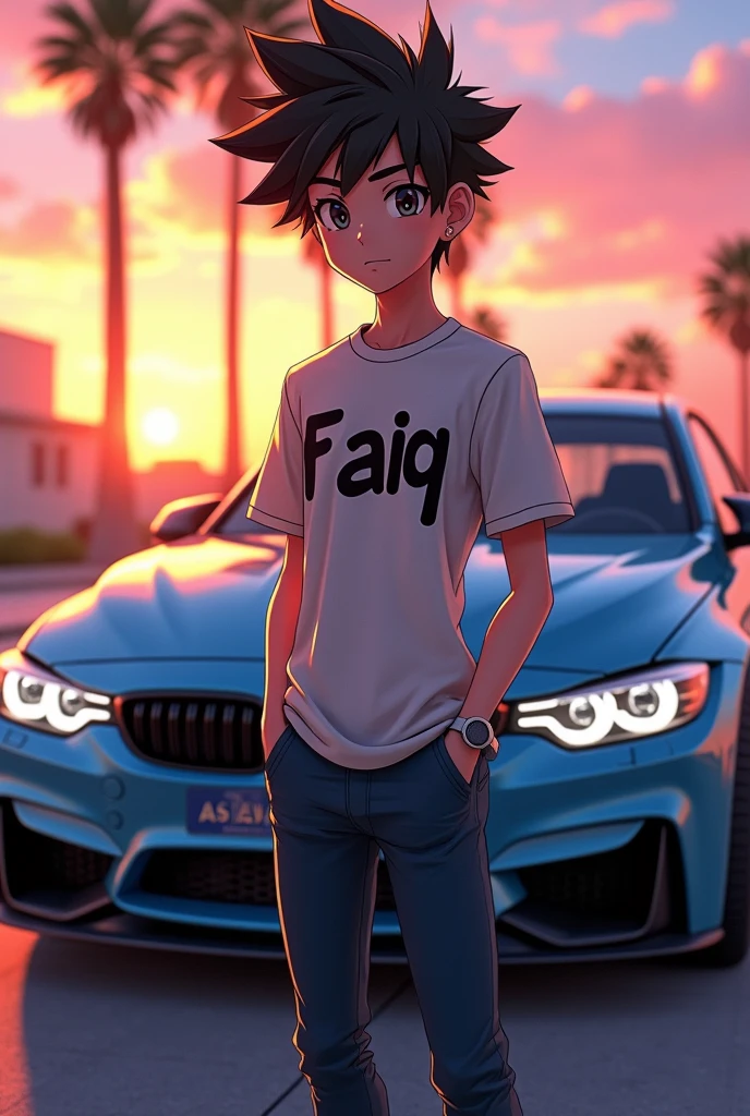 Anime boy wear shirt with name on faiq stand a front of bmw m3 car in 3d