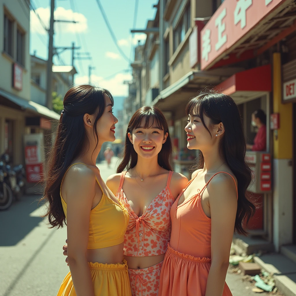 ((masterpiece、Highest quality))、Beautiful girls gather.、Three girls in summer clothes、clothes、(Showa Retro:1.2)、(Detailed and cute face:1.3)、(Poor conditions、Japan's poor neighborhoods、Dim and unsanitary、Standing Bar、みんなで楽しくdiet、Crumbling shopping mall)、屋台のdiet店、stage、sewage、Dirty shop、street vendors、Unsanitary and abandoned city、smile、diet、Poor person々