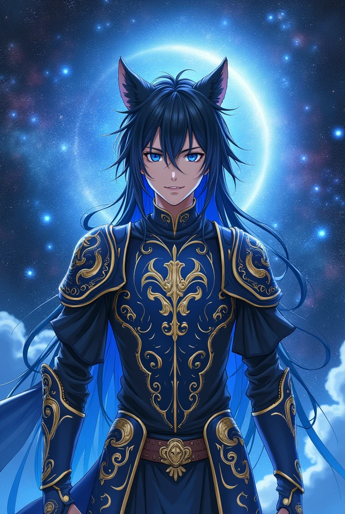 put the name: (The Eminent Divine Spirit), written in the drawing. Create a character, TEENAGE HUMAN MALE WITH ARMOR WITH WOLF DESIGNS on the armor with traces of the drawing in JAPANESE ANIME style. DON'T FORGET THE NAME: (The Eminent Divine Spirit). IN a cosmic environment, long black hair with a cobalt blue streak in one hair, cobalt blue eyes. DON'T FORGET THE NAME: (The Eminent Divine Spirit)