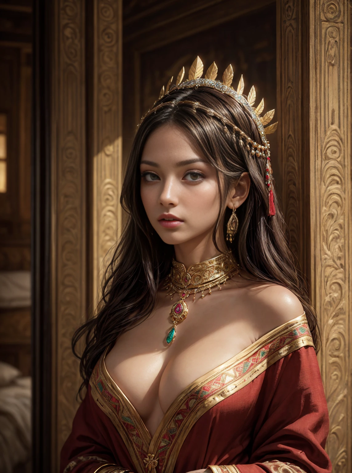 A captivating photo, (wide lens), of a gorgeous ancient Aztec woman in traditional native attire, elegantly posed, sensual and alluring, featuring intricate jewelry, detailed headdress, warm desert lighting, hyper-realistic textures, cinematic composition, a masterpiece by Sandro Botticelli and Gustav Klimt, high detail, 8k resolution, artstation trending.