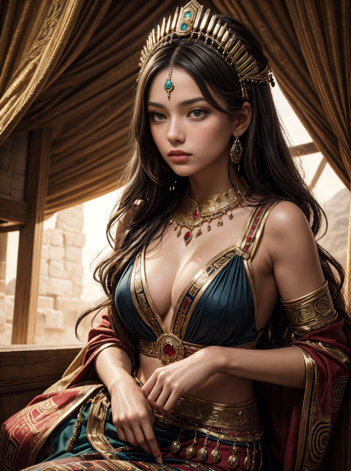 A captivating photo, (wide lens), of a gorgeous ancient Aztec woman in traditional native attire, elegantly posed, sensual and alluring, featuring intricate jewelry, detailed headdress, warm desert lighting, hyper-realistic textures, cinematic composition, a masterpiece by Sandro Botticelli and Gustav Klimt, high detail, 8k resolution, artstation trending.