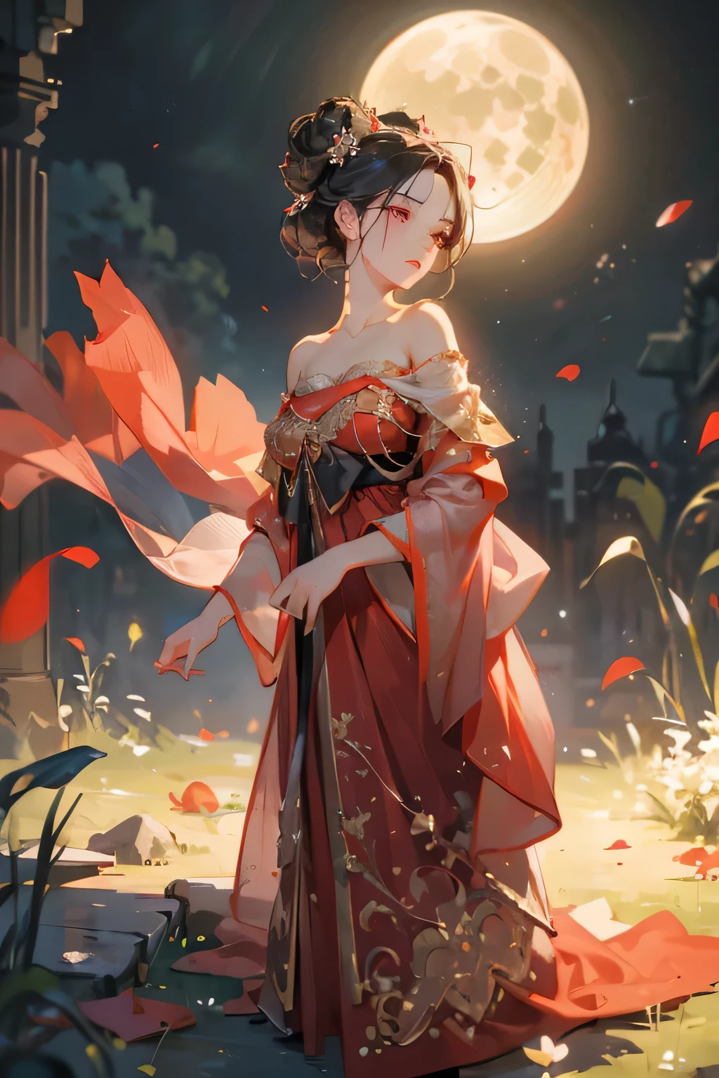 Best quality, masterpiece, ultra high res, (photorealistic:1.4), raw photo, 1mature woman, red long mouslem kebaya gown, off shoulder, black eyes, blossom flower field, under the moon, night sky, glowing skin, black big bun, calm face, dancing pose, accurate, detailed hand, detailed eyes, detailed face, detailed body, javanese style, prambanan temple