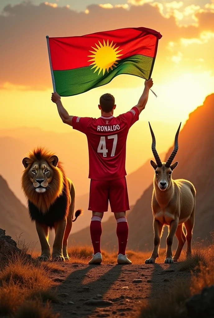 draw a picture that includes footballer Cristiano Ronaldo with a lion and mountain goat with colour of red, yellow and green. Kurdistan Federal Govermant's flag will be on hands of Ronaldo. Ronaldo's number will be 47.