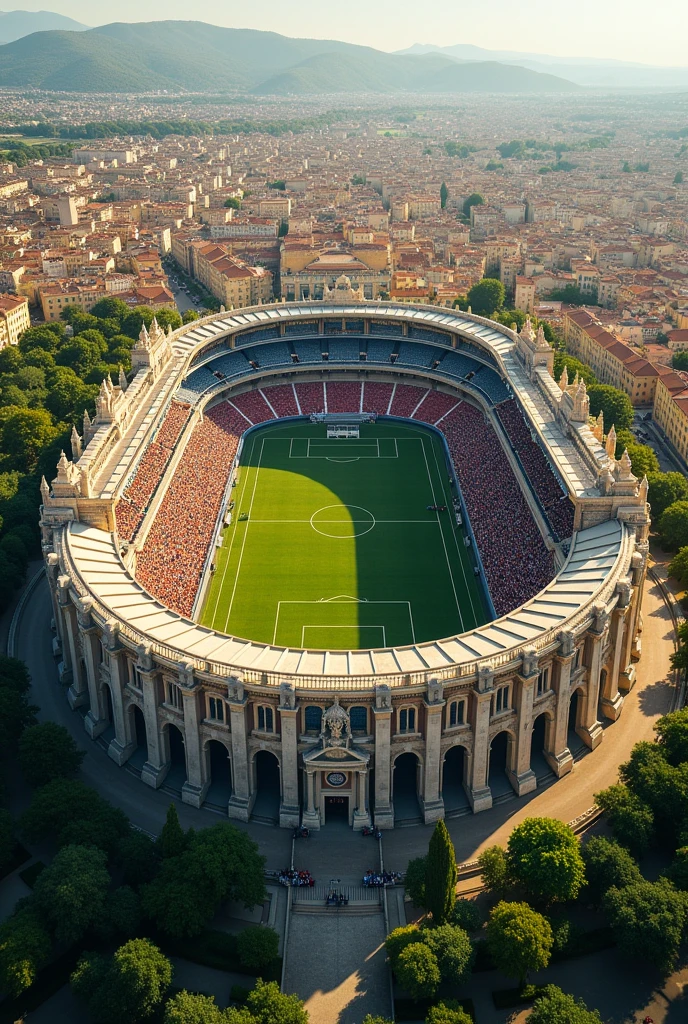 Créer une image d un stade de foot vue en hauteur sur l extérieur du stade sur le thème de Avignon avec des façades reprenant le pont d Avignon et le palais de papes