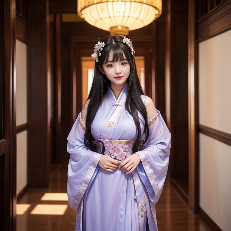 Sideways photo,laughing out loud,best quality, Delicate face，beautiful visual work, lifelike, eternity, black hair, Long curly hair, blunt bangs, Smile, Detailed Background, Delicate face，blush，cold，((masterpiece))、(top quality)、8k、high detail、Super detailed，31 years old female，Wearing Tang Dynasty Hanfu、waist skirt, Clothes are light and fluffy，Hanfu, wide sleeves, Transparent sleeves, Tunic, Clothes made of chiffon, Seductive and whimsical style、masterpiece、born、Scenes resembling fairy tale illustrations、Intricate details and complex designs、Beautifully、magic、capricious、 Beautifully、Dream aesthetics、「𝓡𝓸𝓶𝓪𝓷𝓽𝓲𝓬、ethereal、charming、fickle、magic」、Realism、Visual effects、FXAA、SSAO、Shaders、voiceless、ambient lighting、Tone mapping、High resolution、Ultra high quality、Million pixels、(8K resolution:1.10)、8k、Below 8K、8K resolution、high detail、intricate details， (high quality:1.2、masterpiece:1.2、:1.21)、(31 years old female:1.21)、(Smile excitedly)、(full-body shot，Normal 2 feet，Put your hands behind you，The protrusion of the breast is visible when wearing clothes, Large Breasts, H cup chest, antiquity, Xian Xia, gauze clothes, Soft and fluttering, Fairy, dream, fantasy, light, elegant, nature, Immortal, romantic, classical, ribbon, light purple clothes, In the Forbidden City corridor，Chinese Palace Corridor,imperial palace,Palace corridor，full length shot