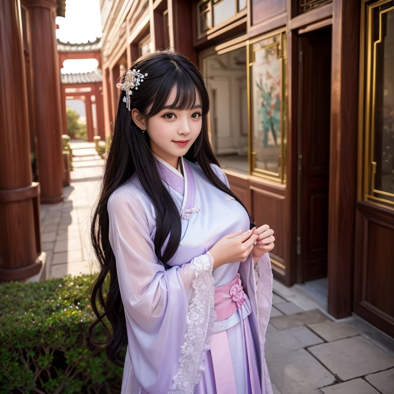 Sideways photo,laughing out loud,best quality, Delicate face,beautiful visual work, lifelike, eternity, black hair, Long curly hair, blunt bangs, Smile, Detailed Background, Delicate face,blush,cold,((masterpiece))、(top quality)、8k、high detail、Super detailed,31 years old female,Wearing Tang Dynasty Hanfu、waist skirt, Clothes are light and fluffy,Hanfu, wide sleeves, Transparent sleeves, Tunic, Clothes made of chiffon, Seductive and whimsical style、masterpiece、born、Scenes resembling fairy tale illustrations、Intricate details and complex designs、Beautifully、magic、capricious、 Beautifully、Dream aesthetics、「𝓡𝓸𝓶𝓪𝓷𝓽𝓲𝓬、ethereal、charming、fickle、magic」、Realism、Visual effects、FXAA、SSAO、Shaders、voiceless、ambient lighting、Tone mapping、High resolution、Ultra high quality、Million pixels、(8K resolution:1.10)、8k、Below 8K、8K resolution、high detail、intricate details, (high quality:1.2、masterpiece:1.2、:1.21)、(31 years old female:1.21)、(Smile excitedly)、(full-body shot,Normal 2 feet,Put your hands behind you,The protrusion of the breast is visible when wearing clothes, Large Breasts, H cup chest, antiquity, Xian Xia, gauze clothes, Soft and fluttering, Fairy, dream, fantasy, light, elegant, nature, Immortal, romantic, classical, ribbon, light purple clothes, In the Forbidden City corridor,Chinese Palace Corridor,imperial palace,Palace corridor,full length shot