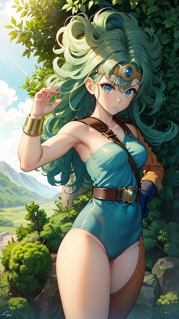 （（（ＳＦＷ、sound、Highest quality、Top notch work、Normal body、、Detailed face、Ultra-precision、Normal hand、のrefer、５refer、Highest）））、beautiful girl、Green Hair、yamato nadeshiko、Small breasts、Shortcuts、Blue leotard、Muscular、Black paleo skirt、Red Cape、Circlet、Dragon Quest、Female Heroes、 Fight、Fight準備完了、Sweep with a sword、Please put your hands together in front of you.、Place your hands behind your back、Please put your hands on your hips、cover your chest with your hands、((Executed perfectly:Frame yourself from head to toe,Standing posture,Draws in great detail、There is no anatomical problem))、forest