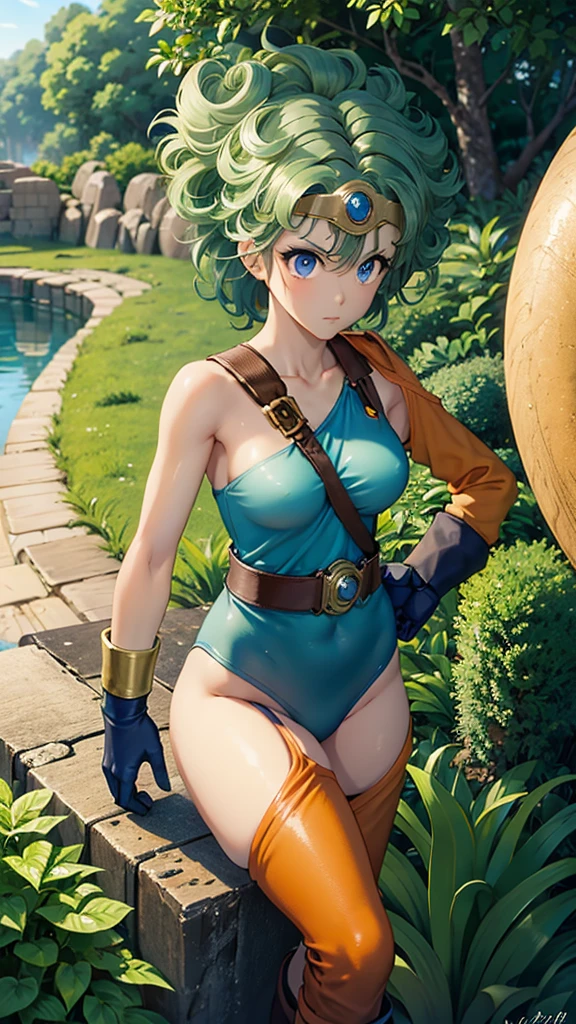 (((SFW、sound、Highest quality、Top notch work、Normal body、、Detailed face、Ultra-precision、Normal hand、のrefer、5refer、Highest)))、beautiful girl、Green Hair、yamato nadeshiko、Small breasts、Shortcuts、Blue leotard、Muscular、Black paleo skirt、Red Cape、Circlet、Dragon Quest、Female Heroes、 Fight、Fight準備完了、Sweep with a sword、Please put your hands together in front of you.、Place your hands behind your back、Please put your hands on your hips、cover your chest with your hands、((Executed perfectly:Frame yourself from head to toe,Standing posture,Draws in great detail、There is no anatomical problem))、forest