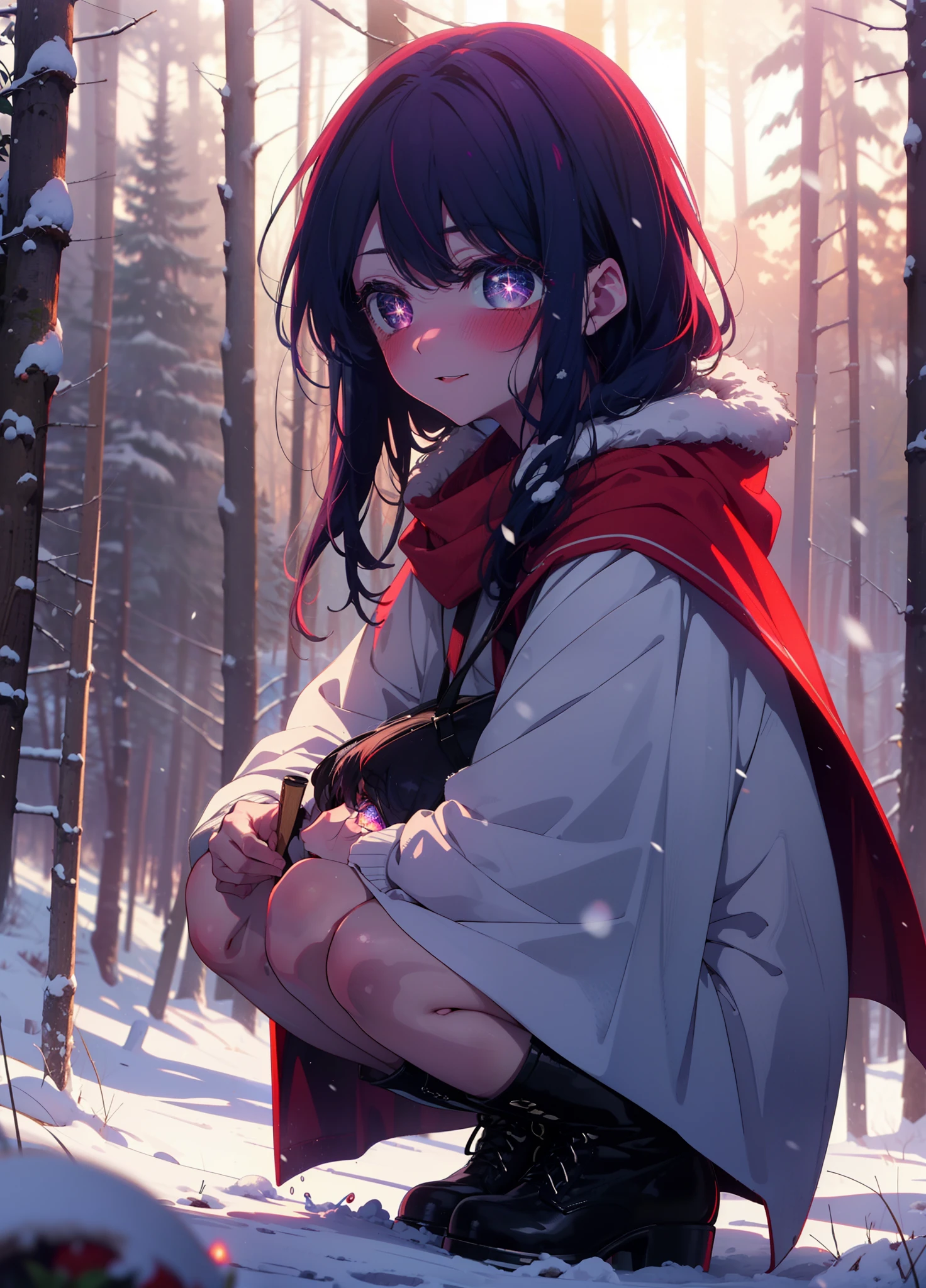 aihoshino, Ai Hoshino, Long Hair, bangs, (Purple eyes:1.1), Purple Hair, (Symbol-shaped pupil:1.5), smile,,smile,blush,white breath,
Open your mouth,snow,Ground bonfire, Outdoor, boots, snowing, From the side, wood, suitcase, Cape, Blurred, , forest, White handbag, nature, Squat, Mouth closed, Cape, winter, Written boundary depth, Black shoes, red Cape break looking at viewer, Upper Body, whole body, break Outdoor, forest, nature, break (masterpiece:1.2), Highest quality, High resolution, unity 8k wallpaper, (shape:0.8), (Beautiful and beautiful eyes:1.6), Highly detailed face, Perfect lighting, Highly detailed CG, (Perfect hands, Perfect Anatomy),