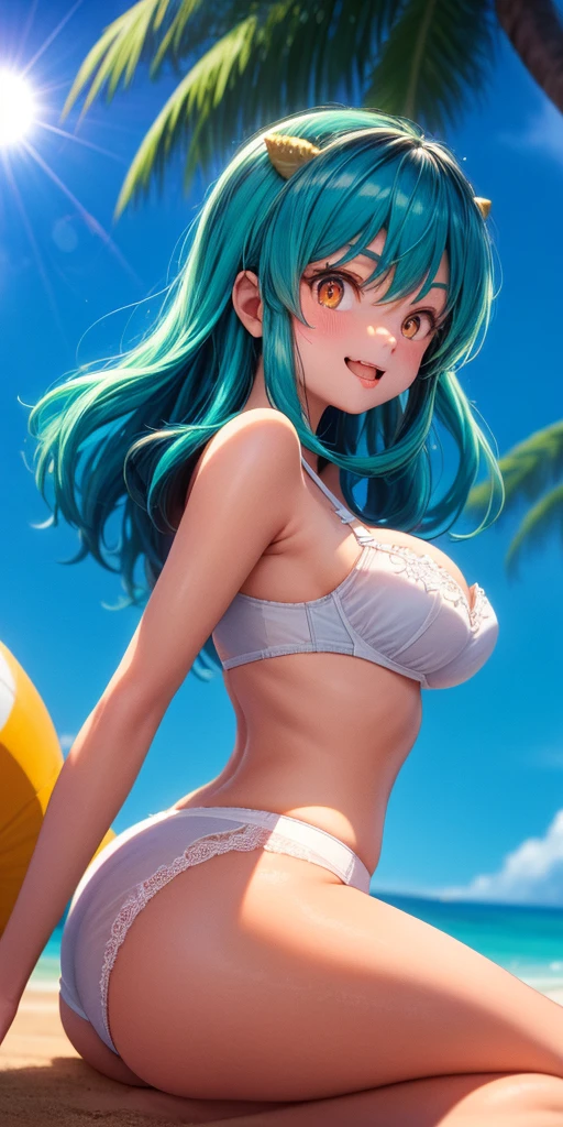 Ram-chan,invader,Very small micro underwear,Face forward and spread your legs wide., Big Ass,Resort Beach, Palm tree,sun, Highest quality, High definition, Orange eyes, Beautiful Eyes, beautiful girl, Big Breasts, blush,(It has two small demon horns on its head.),Sunlight shining from the front,Big Breasts,Underwear is biting into,smile,Her hair is turquoise green.(,With its mouth open, sharp canines are visible.,)White lace bra and white lace panties,Your underwear is wet and transparent,Low-rise see-through panties,